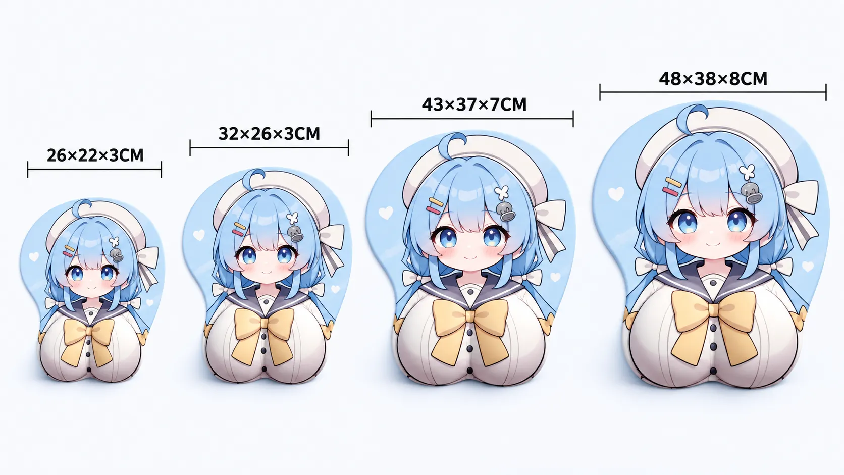 3D chest mousepad comparison showing 26 × 22 × 3 cm, 32 × 26 × 3 cm, 43 × 37 × 7 cm, and 48 × 38 × 8 cm editions