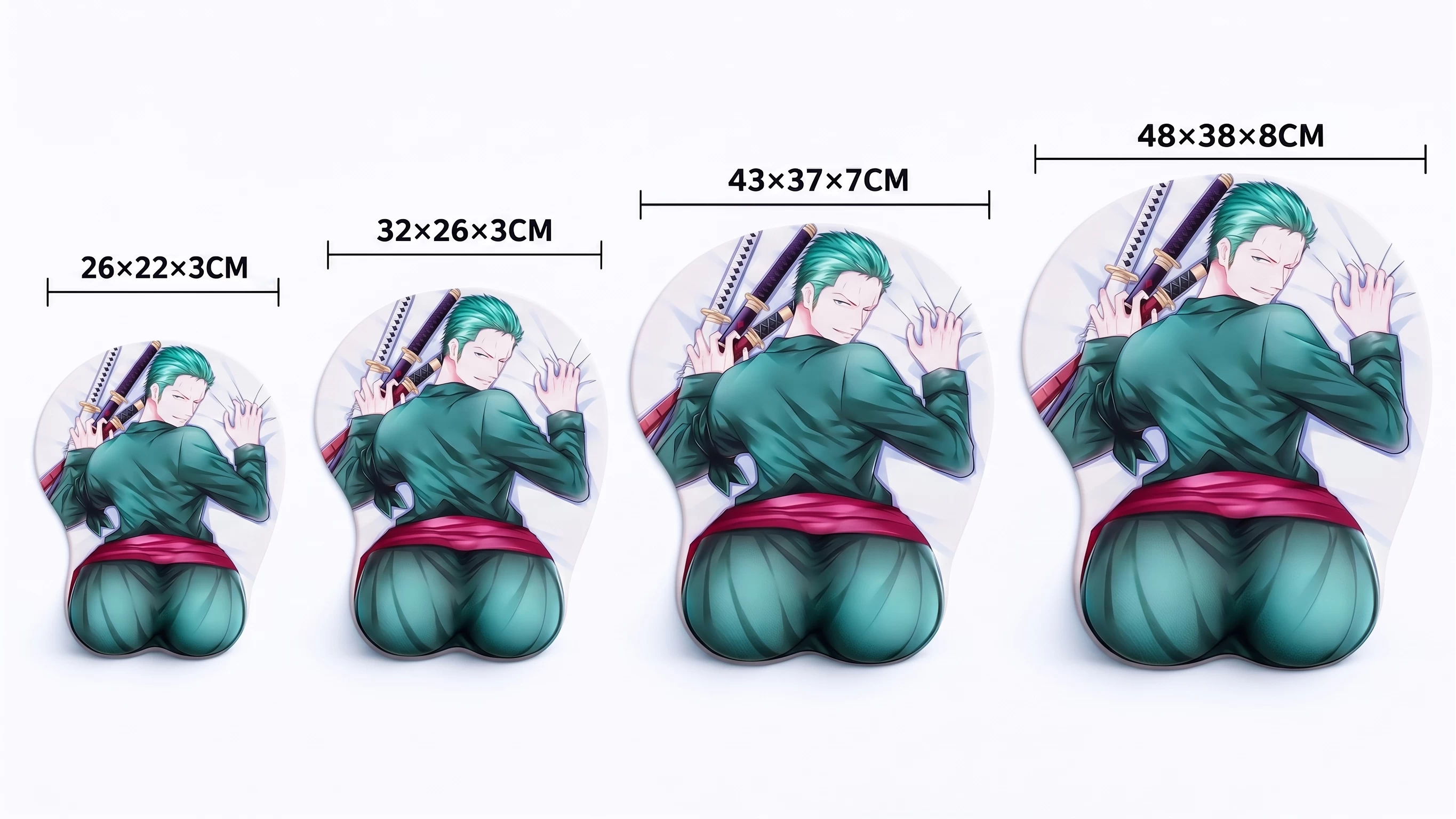 3D butt mousepad size comparison: 26 × 22 × 3 cm, 32 × 26 × 3 cm, 43 × 37 × 7 cm, and 48 × 38 × 8 cm
