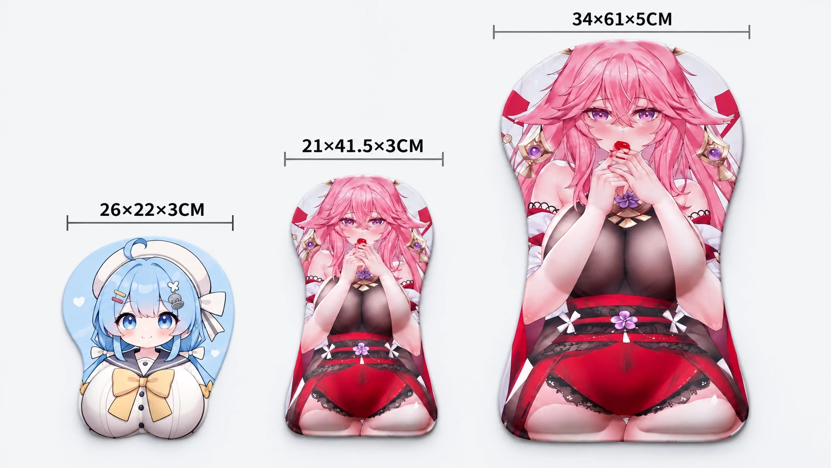 3D half-body mousepad size comparison: 26 × 22 × 3 cm, 21 × 41.5 × 3 cm, and 34 × 61 × 5 cm