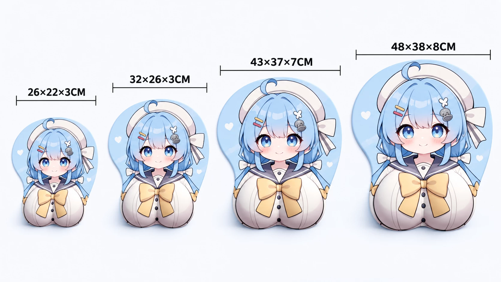 Shenhe 3D mousepad comparison showing 26 × 22 × 3 cm, 32 × 26 × 3 cm, 43 × 37 × 7 cm, and 48 × 38 × 8 cm editions