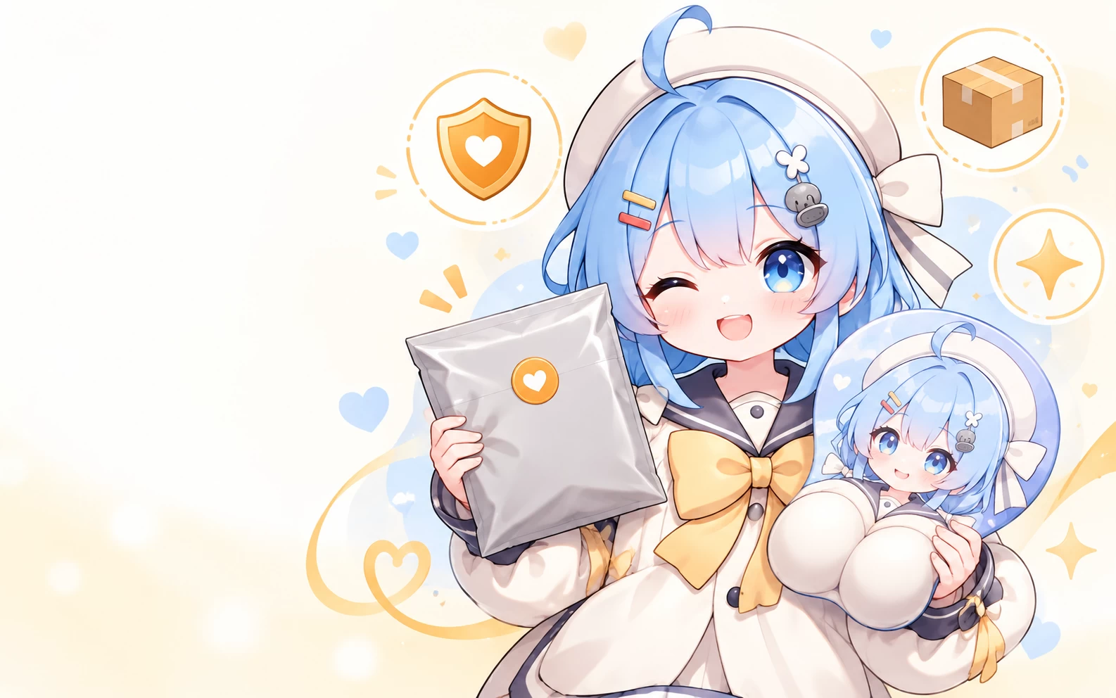 YUMEOO blue-haired mascot holding a discreet gray mousepad package beside a 3D mousepad